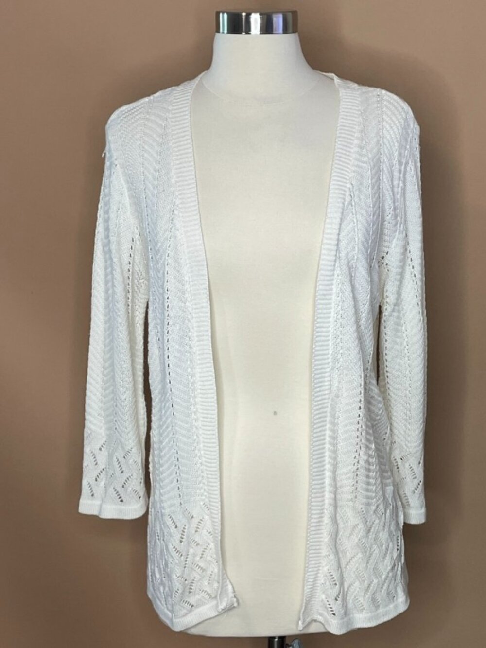 Notions White Open Knit Cardigan Sweater Lightweight Boho Layering Top